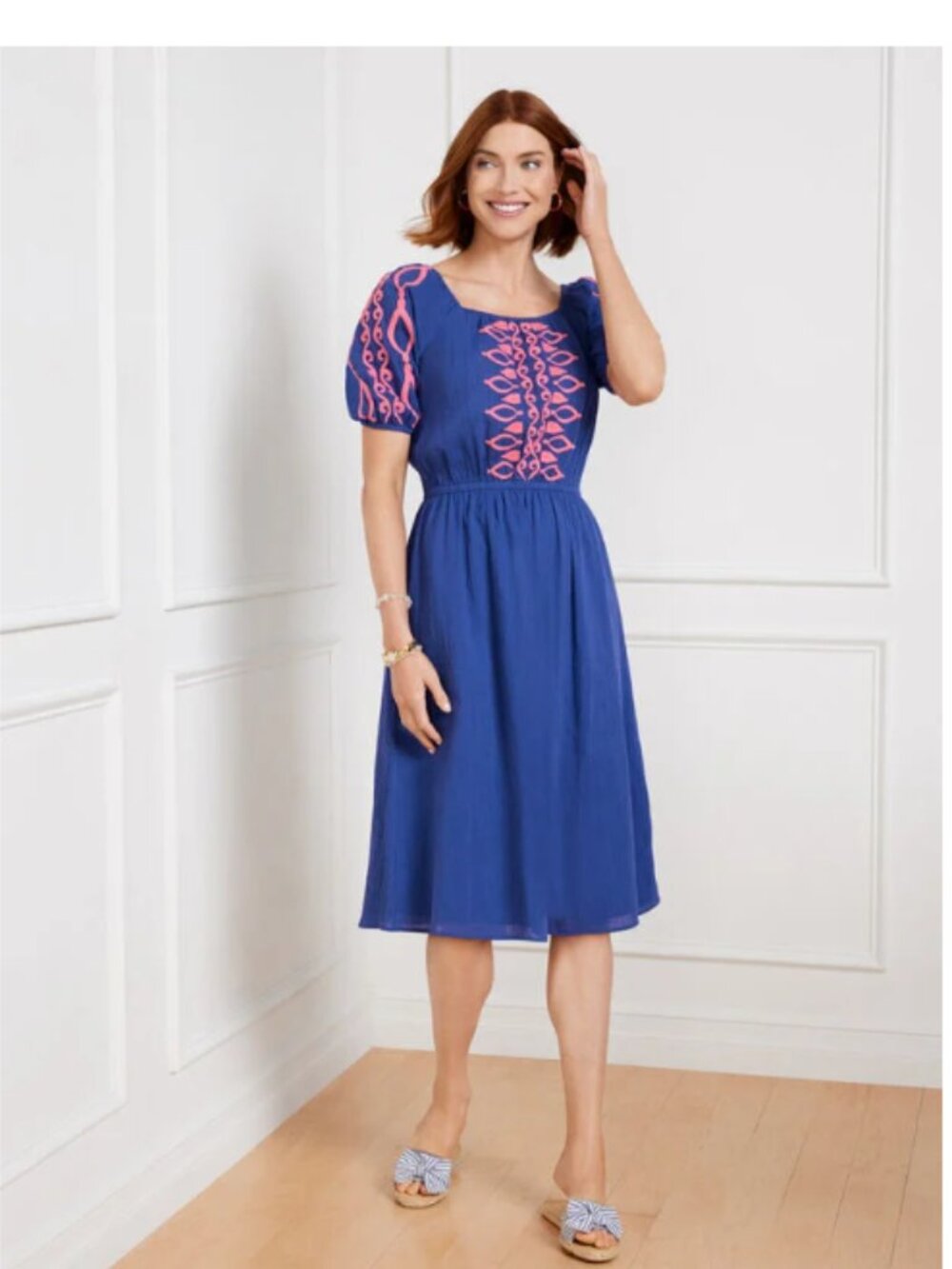 Talbots Crinkle Gauze Square Neck Puff Sleeve Dress NWT Sz M